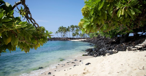 The postcard-like scene on the beach, with lava rocks and white sand.